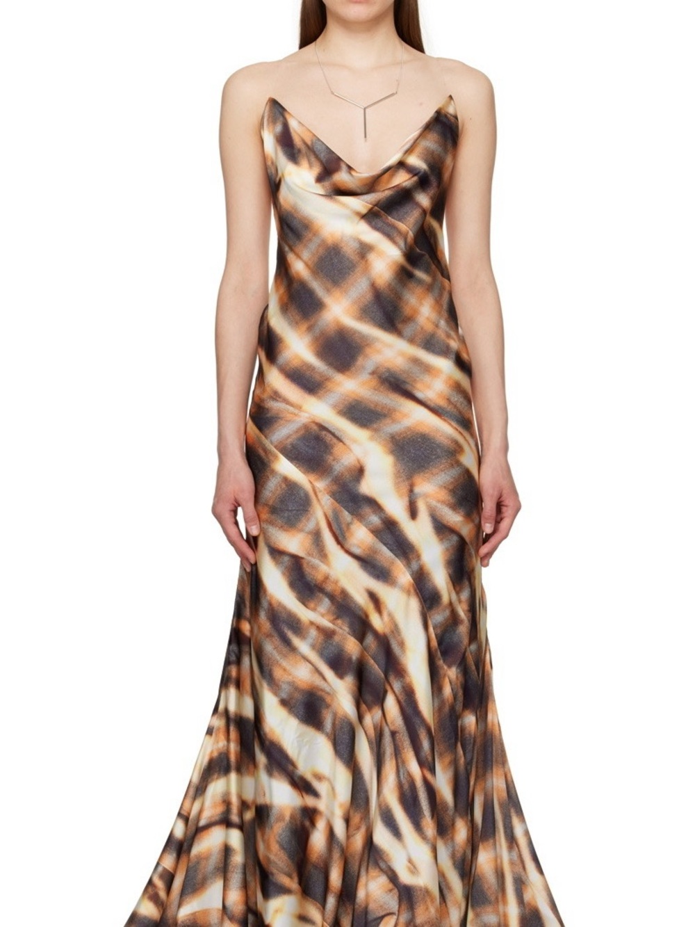 Y/Project Strapless Satin Slip Dress in Brown and Cream Marble